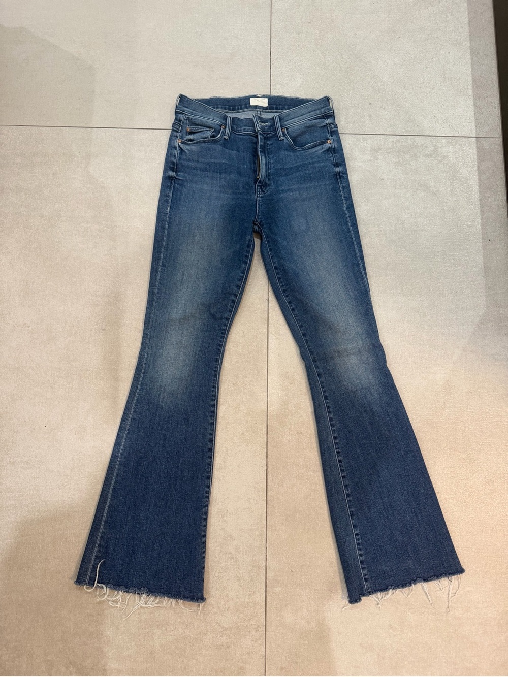MOTHER Dark Blue Flare Jeans with Raw Edge